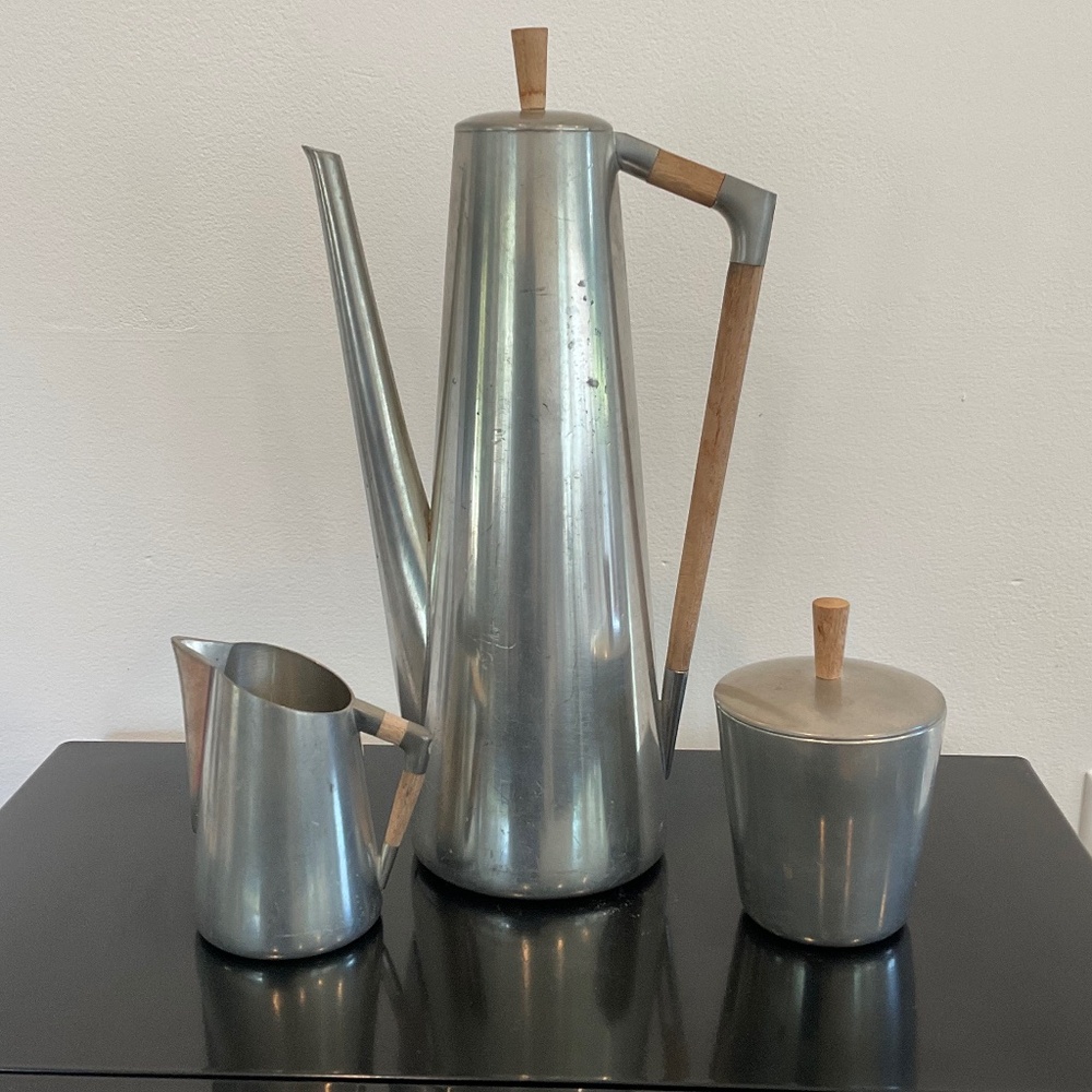 1960s Royal Holland Kmd Daalderop Pewter and Teak Coffee/Tea  3 piece set